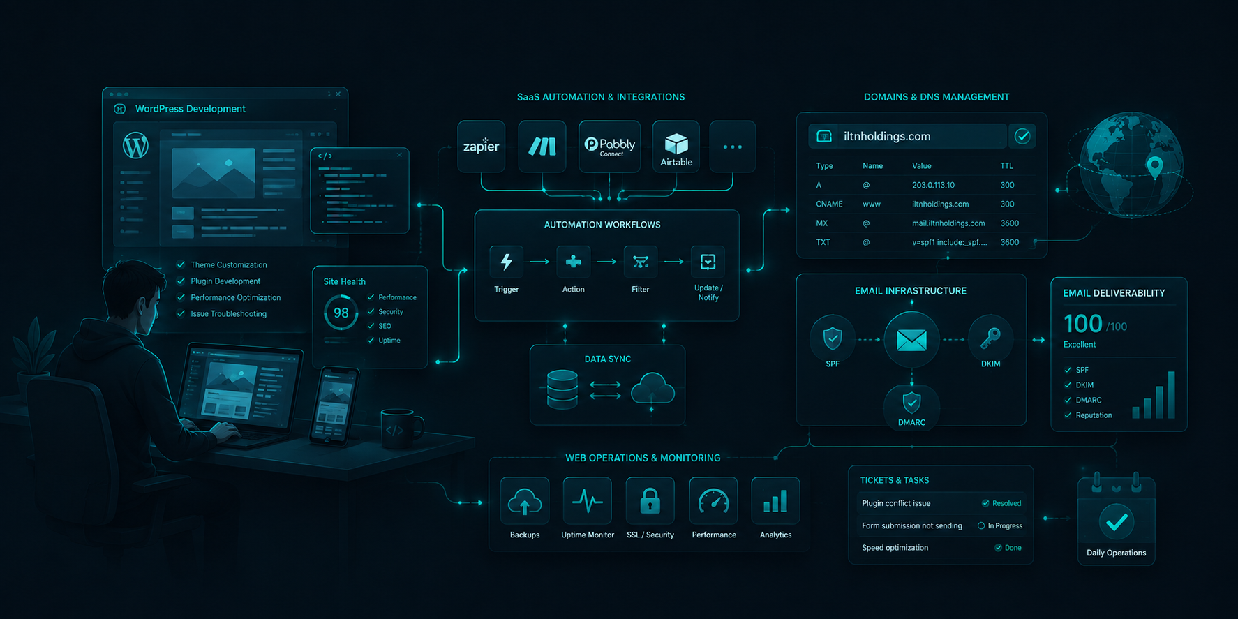 Placeholder for a custom editorial illustration representing WordPress development, SaaS automation, connected web services, domain management, and email operations.