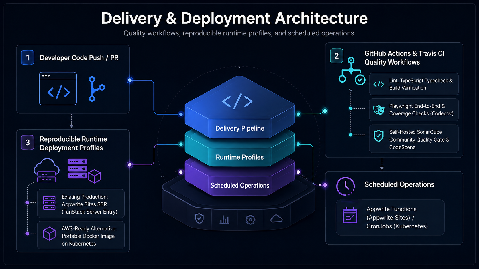 CI, quality gates, and deployment profiles diagram for Veyra (dark theme)