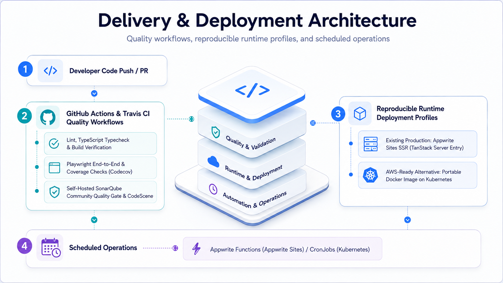 CI, quality gates, and deployment profiles diagram for Veyra (light theme)