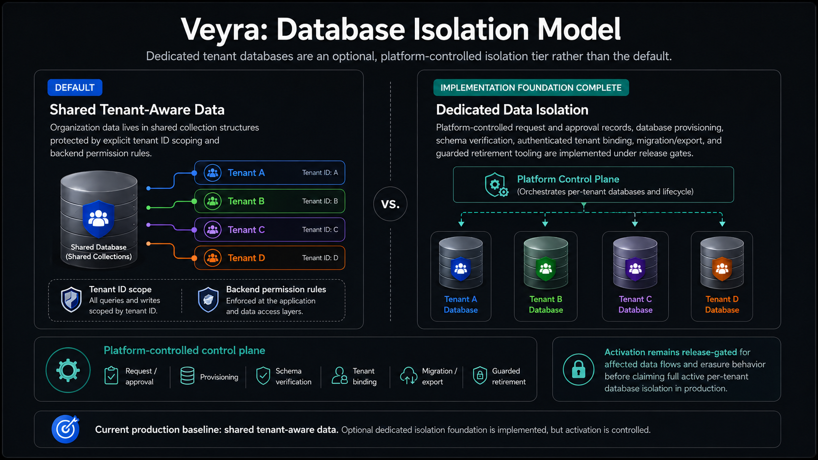 Database isolation model diagram for Veyra (dark theme)